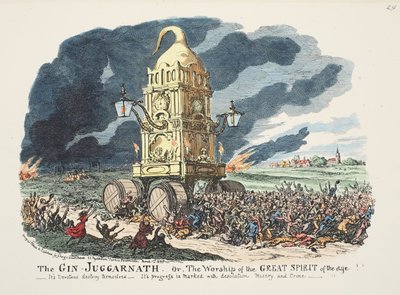 The Gin Juggarnath or the Worship of the Great Spirit of the Age!! - Its devotees destroy themselves - Its progress is marked with desolation, misery and crime, pub. 1835 by George Cruikshank